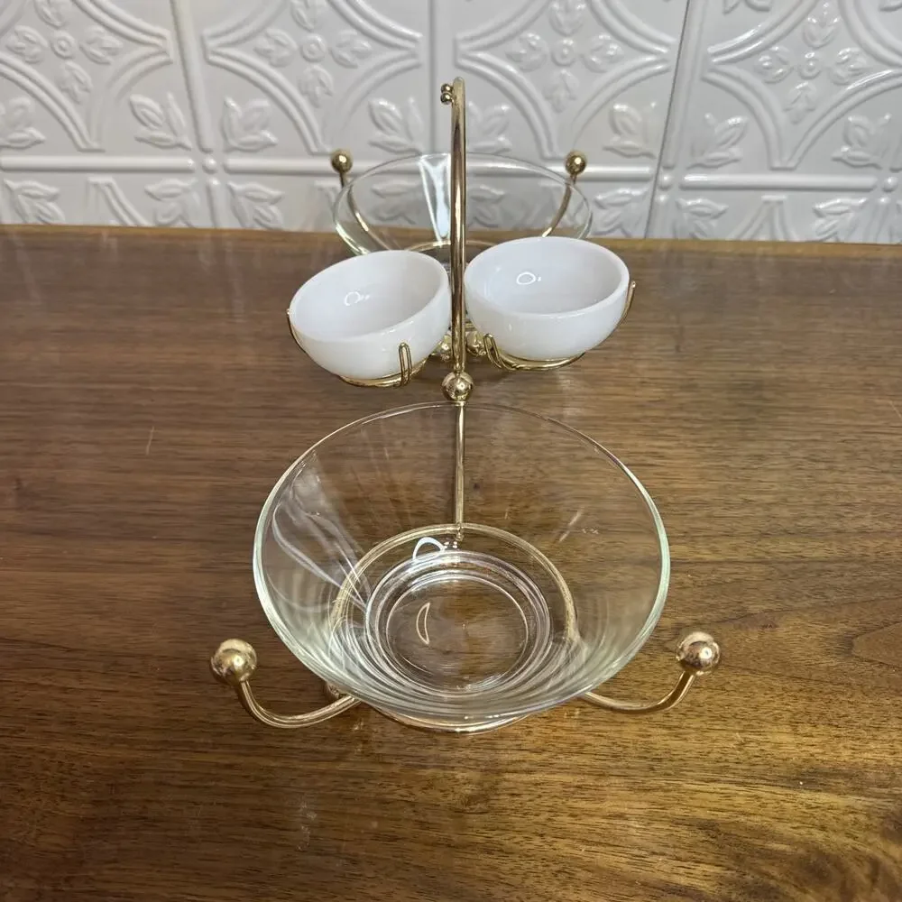 Vintage Libbey MCM Glass Gold Relish Condiment 4 Bowl Set Metal Gold tone Caddy